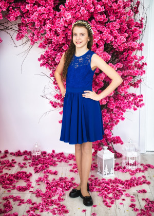 Royal Blue Lace Chiffon Keyhole Back Flower Girl Dress